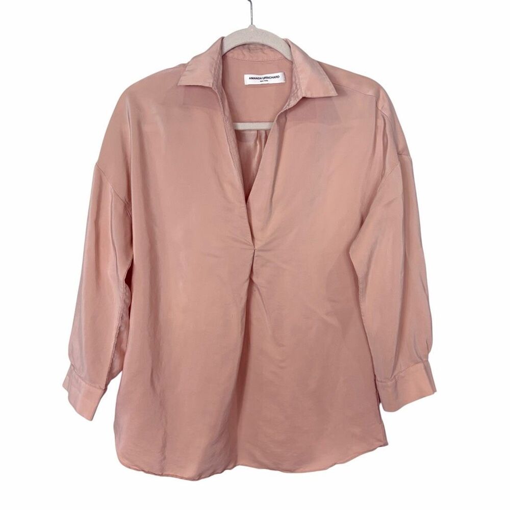Amanda Uprichard Blouse Womens Small Blush Pink Silk 3/4 Sleeve V-Neck Popover